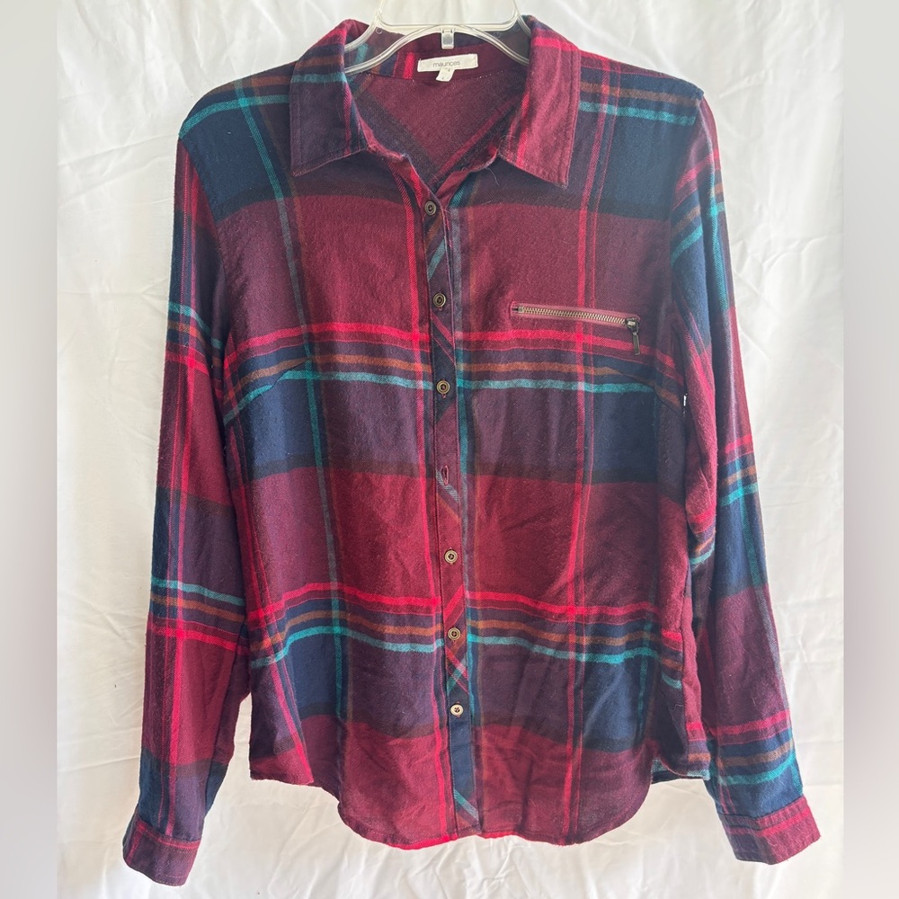 Maurices Burgundy and Navy Plaid Shirt